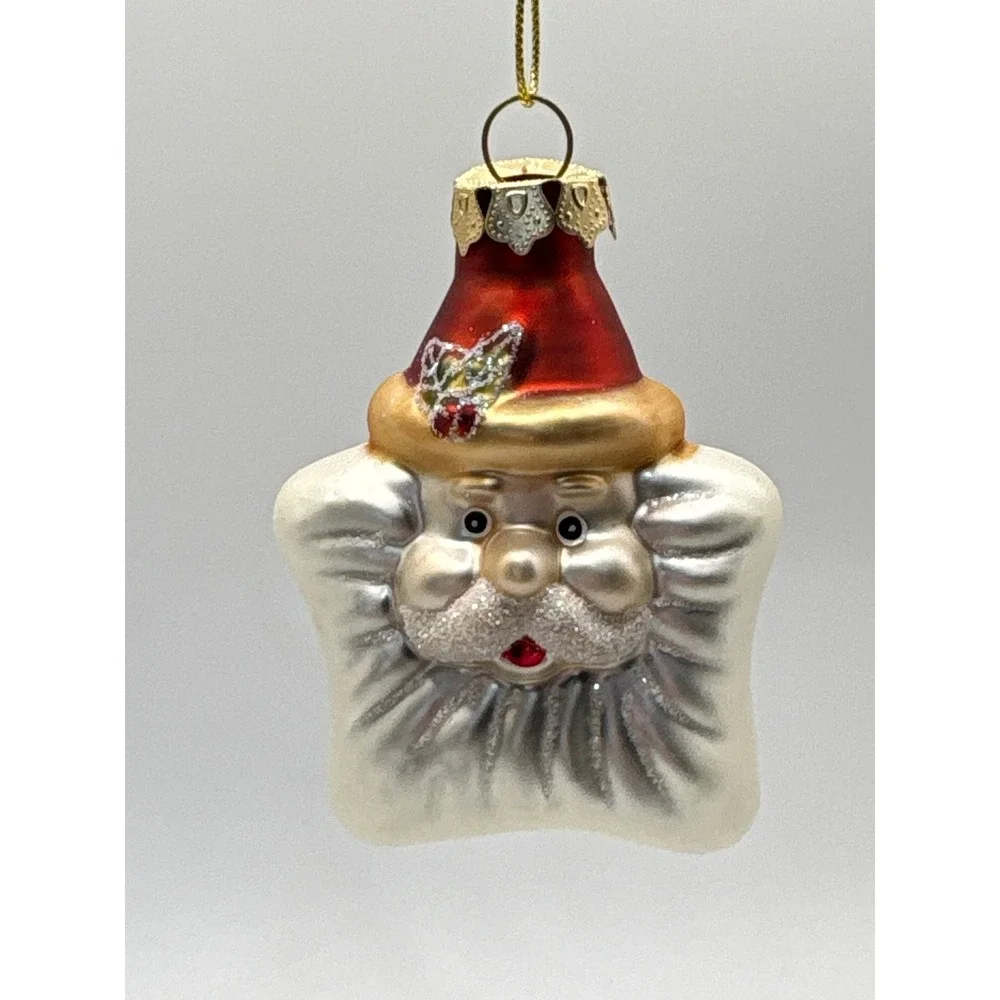 Vintage Blown Glass Santa Star Christmas Ornament Red Hat Glitter Retro Mercury